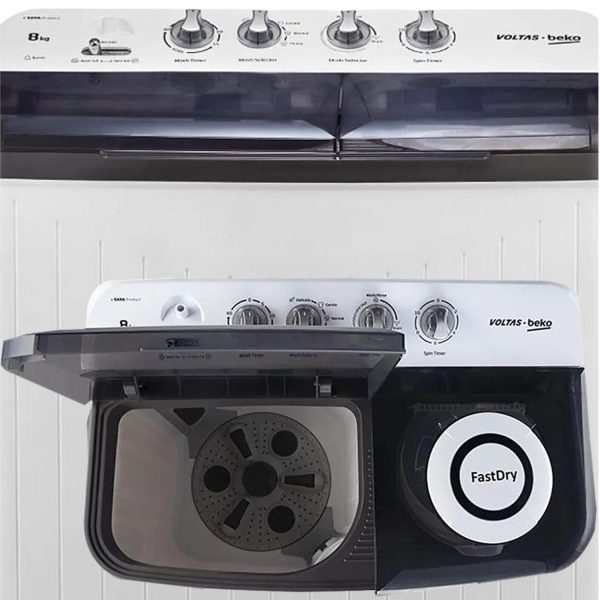 Voltas Beko WTT80DGRT, 8 KG Semi Automatic Machine with IPX4 Control Panel, 5 Star Rating, Fast Dry and Double Casette Filter, Grey