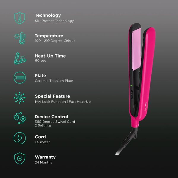 Philips BHS393, Hair Straightening Brush with Silk Protect Technology, Keratin Infused Cermaic Coating, 190 Degree and 210 Degree Temperature Setting with 1.6 Metre Cord, Cherry Pink