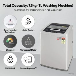 LG T75SKSF1Z, 7.5 KG Fully Automatic Top Load Machine with Smart Inverter Motor, Smart Diagnostics and 5 Star Rating, Middle Silver