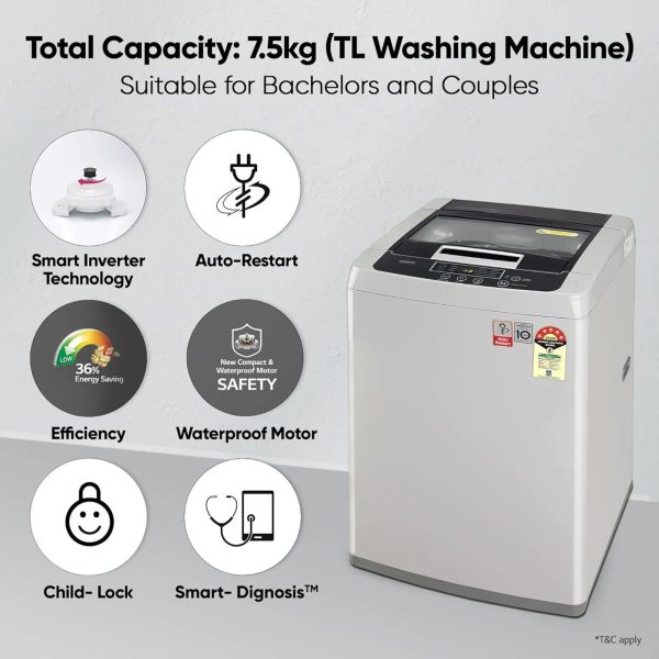 LG T75SKSF1Z, 7.5 KG Fully Automatic Top Load Machine with Smart Inverter Motor, Smart Diagnostics and 5 Star Rating, Middle Silver