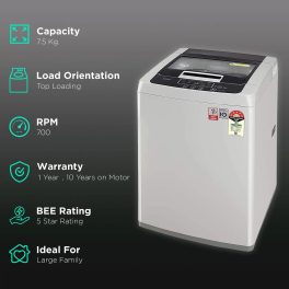 LG T75SKSF1Z, 7.5 KG Fully Automatic Top Load Machine with Smart Inverter Motor, Smart Diagnostics and 5 Star Rating, Middle Silver