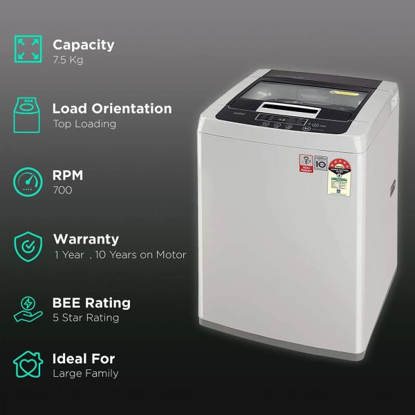 LG T75SKSF1Z, 7.5 KG Fully Automatic Top Load Machine with Smart Inverter Motor, Smart Diagnostics and 5 Star Rating, Middle Silver