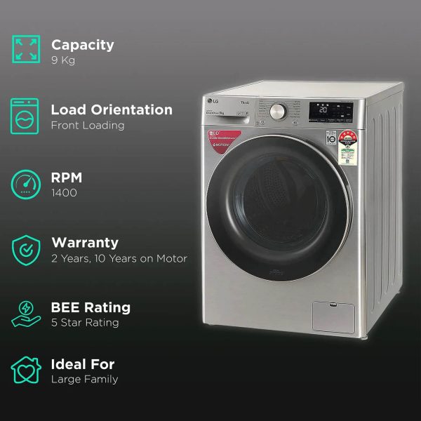 LG FHV1409ZWP, 9 KG 1400 RPM Fully Automatic Front Load Machine with AI Direct Drive Motor, Steam, Smart Diagnostics, Platinum Silver