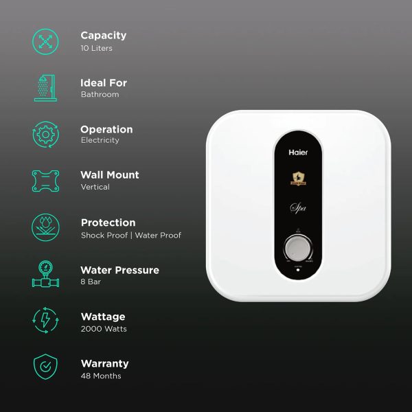 Haier ES10V-S1, 10 Litre Vertical Storage water Heater with Glass Lined Tank, 8 Bar Pressure and 4 Star Rating, White