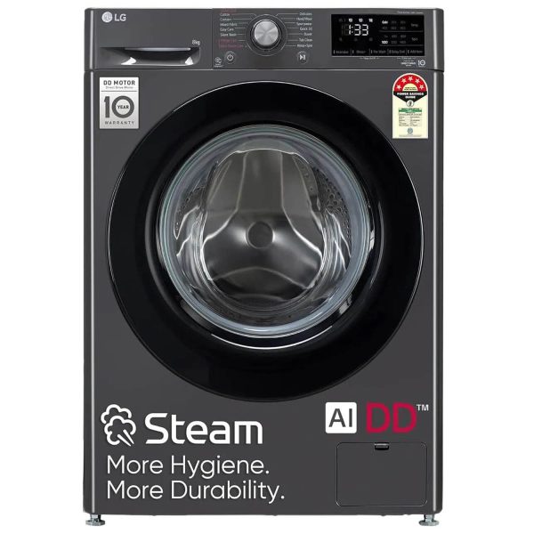 LG FHV1408Z2M, 8 KG 1400 RPM Fully Automatic Front Load Machine with AI Direct Drive Motor, Steam, Smart Diagnostics, Middle Black