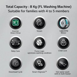 LG FHV1409Z4M, 9 KG 1400 RPM Fully Automatic Front Load Machine with AI Direct Drive Motor, Steam, Smart Diagnostics, Middle Black