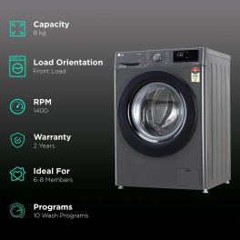 LG FHV1408Z2M, 8 KG 1400 RPM Fully Automatic Front Load Machine with AI Direct Drive Motor, Steam, Smart Diagnostics, Middle Black