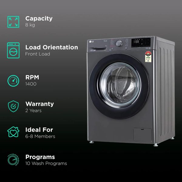 LG FHV1408Z2M, 8 KG 1400 RPM Fully Automatic Front Load Machine with AI Direct Drive Motor, Steam, Smart Diagnostics, Middle Black