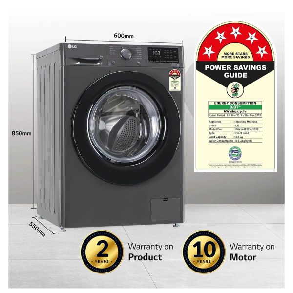 LG FHV1408Z2M, 8 KG 1400 RPM Fully Automatic Front Load Machine with AI Direct Drive Motor, Steam, Smart Diagnostics, Middle Black