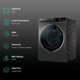 Haier HW90-DM14959CS8U1, 9 KG 1400 RPM Fully Automatic Frontload Machine with Direct Motion Motor, 525MM Super Drum and Wi-Fi, Dark Silver