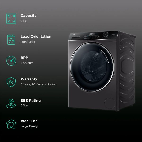 Haier HW90-DM14959CS8U1, 9 KG 1400 RPM Fully Automatic Frontload Machine with Direct Motion Motor, 525MM Super Drum and Wi-Fi, Dark Silver