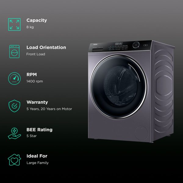 Haier HW80-DM14959CS6U, 8 KG 1400 RPM Fully Automatic Frontload Machine with Direct Motion Motorm 525MM Super Drum and Built-in Wi-Fi, Silver