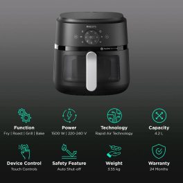 Philips NA221/00, 4.2 Litre Digital Air Fryer with Rapid Air Technology, Digital Touch Screen and Integrated Cord Storage, Black