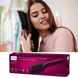 Philips BHH730, Hair Straightening Brush with Silk Protect Technology, Keratin Infused Cermaic Coating and 200 Celcius temperature for effective Styling, Dark Wine
