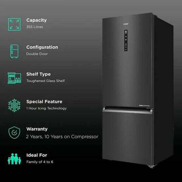 Haier HRB-3752BGB, 325 Litre 2 Star Bottom Mount Refrigerator with Triple Inverter and 14-in-1 Convertible, GE Black