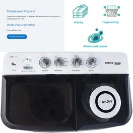 Voltas Beko WTT80DGRT, 8 KG Semi Automatic Machine with IPX4 Control Panel, 5 Star Rating, Fast Dry and Double Casette Filter, Grey