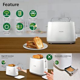 Philips HD2582, Two Slice Pop-Up Toaster with Bun Warmer, 8 Browing Settings and Cancel Button, White