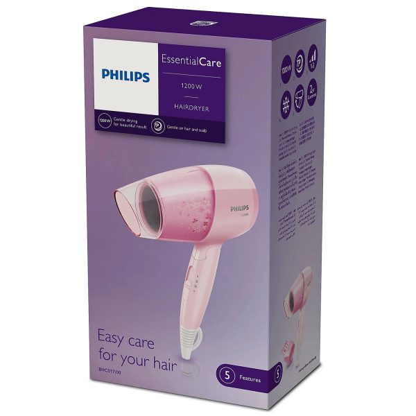 Philips BHC017/00, 1200 Watt Hair Dryer with 3 drying Setting, Thermoprotect temperature Setting and foldable handle, Cherry Pink