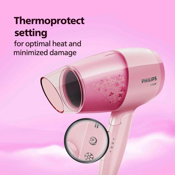 Philips BHC017/00, 1200 Watt Hair Dryer with 3 drying Setting, Thermoprotect temperature Setting and foldable handle, Cherry Pink