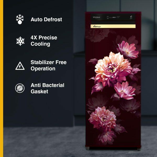 Whirlpool 215 VMPRO PRM 3S, 192 L 3 Star Auto-Defrost Inverter Vitamagic Pro Direct-Cool Single Door Refrigerator, 10 Years Warranty on Compressor, Wine Dafne