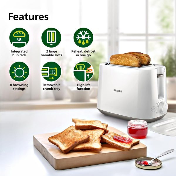 Philips HD2582, Two Slice Pop-Up Toaster with Bun Warmer, 8 Browing Settings and Cancel Button, White