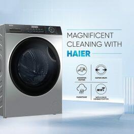 Haier HW80-IM12929CS3, 8 KG 1200 RPM Fully Automatic Frontload Machine with Inverter Motor, 525MM Super Drum and 12 Year Motor Warranty, Grey
