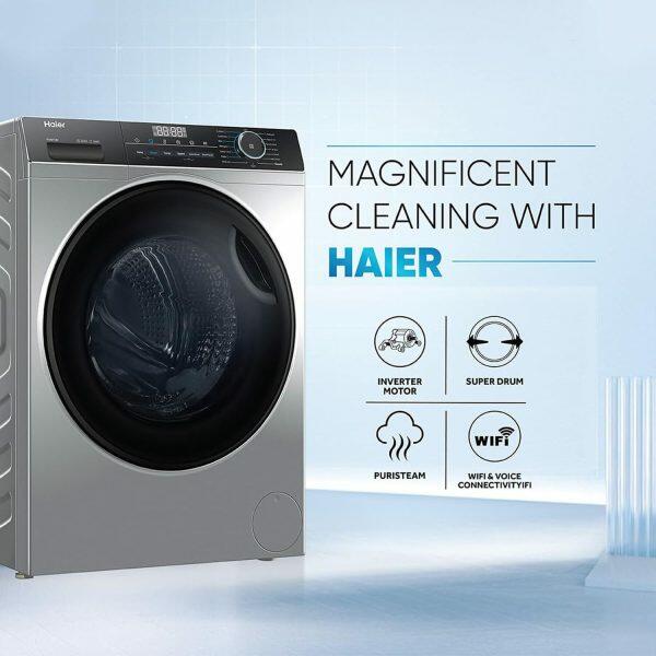 Haier HW80-IM12929CS3, 8 KG 1200 RPM Fully Automatic Frontload Machine with Inverter Motor, 525MM Super Drum and 12 Year Motor Warranty, Grey