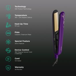 Philips BHS397, Hair Straightening Brush with Silk Protect Technology, Keratin Infused Cermaic Coating, 190 Degree and 210 Degree Temperature Setting with 1.6 Metre Cord, Violet