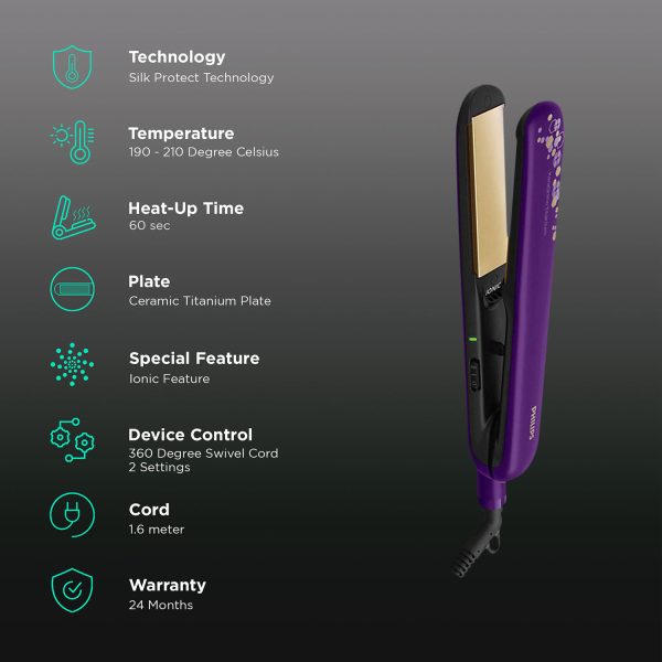 Philips BHS397, Hair Straightening Brush with Silk Protect Technology, Keratin Infused Cermaic Coating, 190 Degree and 210 Degree Temperature Setting with 1.6 Metre Cord, Violet
