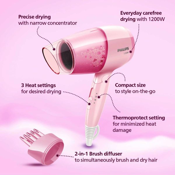 Philips BHC017/00, 1200 Watt Hair Dryer with 3 drying Setting, Thermoprotect temperature Setting and foldable handle, Cherry Pink