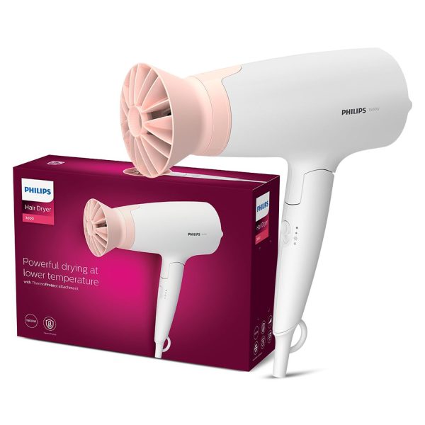 Philips BHD308/30, 1600 Watt Hair Dryer with 3 drying Setting, Thermoprotect temperature Setting and foldable handle, White