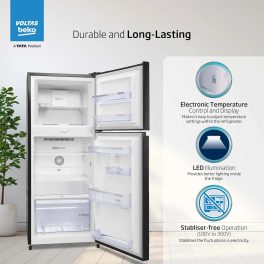 Voltas Beko RFF270C/WPXBR0I00, 230 Litre 3 Star Double Door Refrigerator with Pro Smart Inverter Compressor, Big Vegetable Box with Crisper and Neo Frost Dual Cooling, Wooden Black
