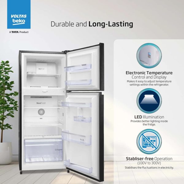Voltas Beko RFF270C/WPXBR0I00, 230 Litre 3 Star Double Door Refrigerator with Pro Smart Inverter Compressor, Big Vegetable Box with Crisper and Neo Frost Dual Cooling, Wooden Black