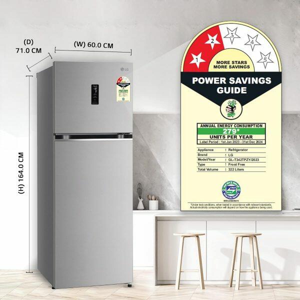 LG 322L 3 Star Double Door Refrigerator (GL-T342TPZX, Shiny Steel)