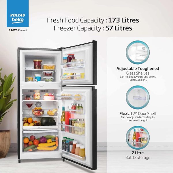 Voltas Beko RFF270C/WPXBR0I00, 230 Litre 3 Star Double Door Refrigerator with Pro Smart Inverter Compressor, Big Vegetable Box with Crisper and Neo Frost Dual Cooling, Wooden Black
