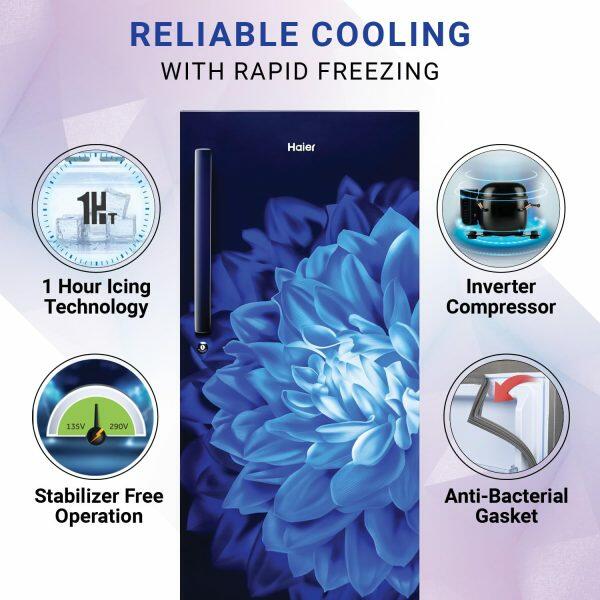 Haier HRD-2355PMD, 215 Litre 5 Star Single Door Refrigerator with Base Drawer and 1 Hour Icing Technology, Marine Dahelia