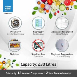 Voltas Beko RFF270C/WPXBR0I00, 230 Litre 3 Star Double Door Refrigerator with Pro Smart Inverter Compressor, Big Vegetable Box with Crisper and Neo Frost Dual Cooling, Wooden Black