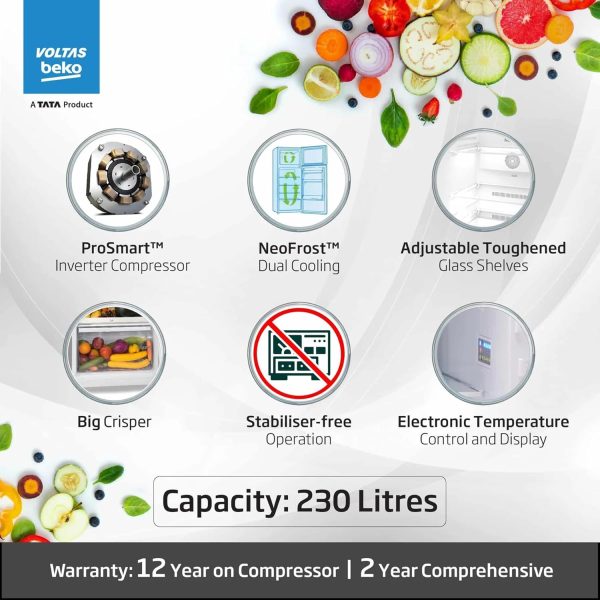 Voltas Beko RFF270C/WPXBR0I00, 230 Litre 3 Star Double Door Refrigerator with Pro Smart Inverter Compressor, Big Vegetable Box with Crisper and Neo Frost Dual Cooling, Wooden Black