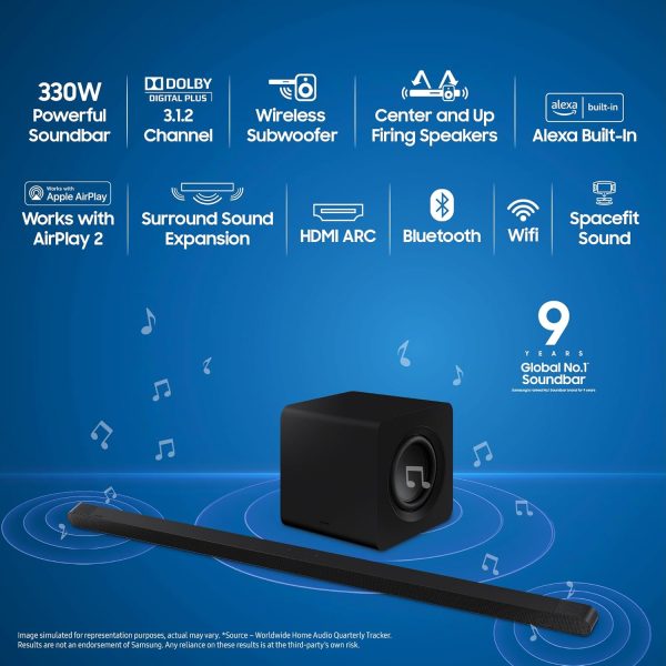 Samsung S800B/XL, 330 Watt 3.1.2 Channel Soundbar with Wireless Subwoofer, Dolby Atmos, Built in Alexa, Airplay and Wi-Fi, Black