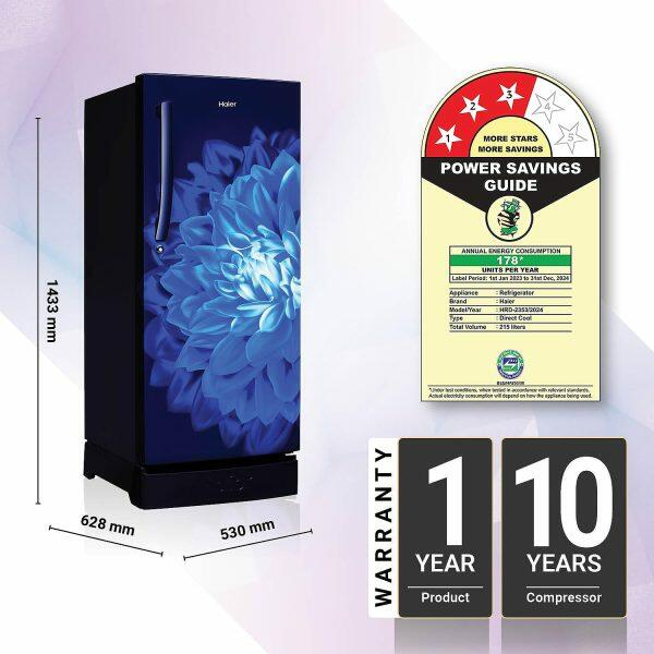 Haier HRD-2353PMD, 215 Litre 3 Star Single Door Refrigerator with Base Drawer and 1 Hour Icing Technology, Marine Dahelia