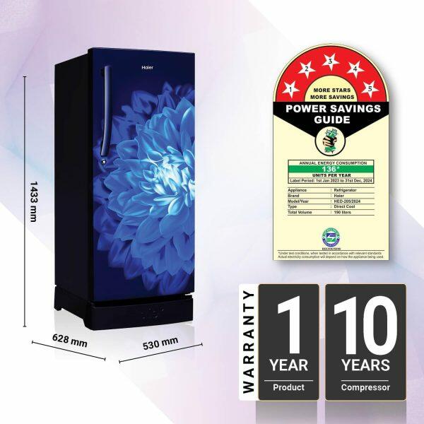 Haier HRD-2355PMD, 215 Litre 5 Star Single Door Refrigerator with Base Drawer and 1 Hour Icing Technology, Marine Dahelia