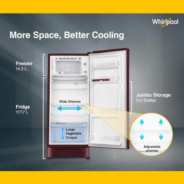 Whirlpool 215 IMPC ROY, 192L 3 Star Single Door Refrigerator, With Base Drawer, 10 Years Warranty on Compressor, Wine Flower Rain