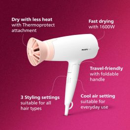 Philips BHD308/30, 1600 Watt Hair Dryer with 3 drying Setting, Thermoprotect temperature Setting and foldable handle, White