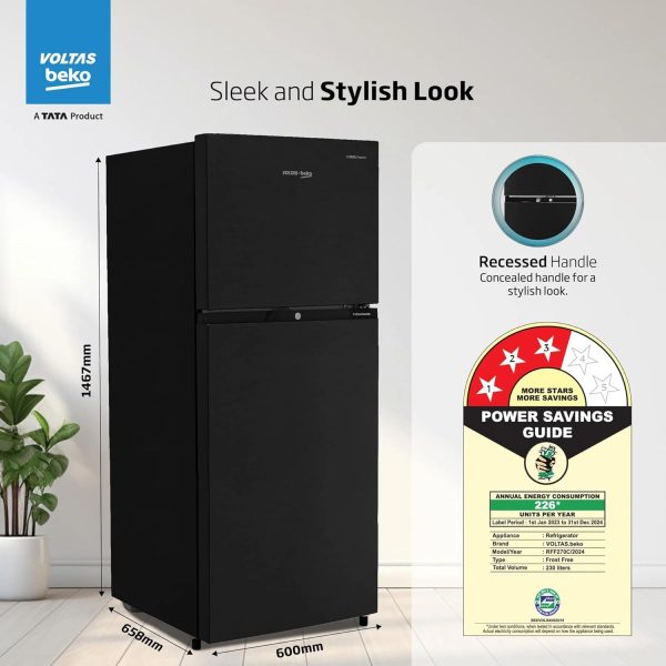 Voltas Beko RFF270C/WPXBR0I00, 230 Litre 3 Star Double Door Refrigerator with Pro Smart Inverter Compressor, Big Vegetable Box with Crisper and Neo Frost Dual Cooling, Wooden Black