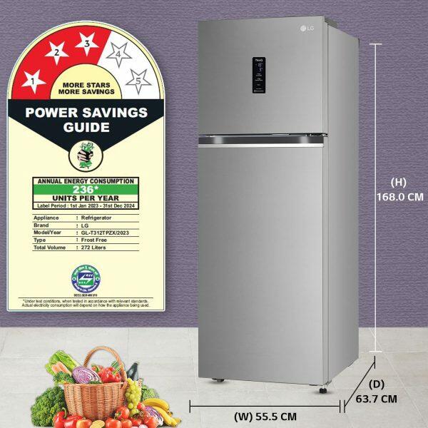 LG 272 Litre 2 Star Double Door Refrigerator (GL-T312TPZX, Shiny Steel)