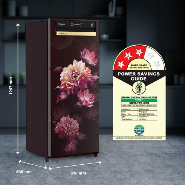 Whirlpool 215 VMPRO PRM 3S, 192 L 3 Star Auto-Defrost Inverter Vitamagic Pro Direct-Cool Single Door Refrigerator, 10 Years Warranty on Compressor, Wine Dafne