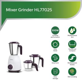 Philips HL7505/00, 500 Watt 3 Jar Mixer Grinder with Leak Proof and Spill Proof Jars, Easy Locking system, White
