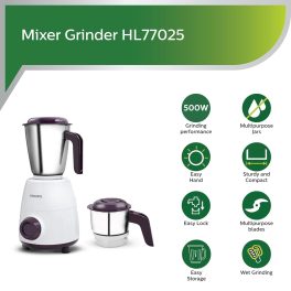 Philips HL7506/00, 500 Watt 2 Jar Mixer Grinder with Easy to assemble with dual lock system and Non-Slip Feet, White