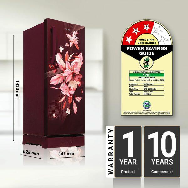 Haier HRD-2353CRO, 215 Litre 3 Star Single Door Refrigerator with 1 Hour Icing Technology, Red Opal