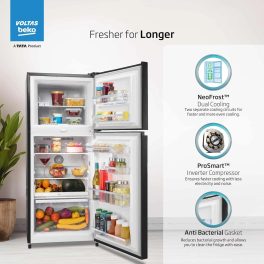 Voltas Beko RFF270C/WPXBR0I00, 230 Litre 3 Star Double Door Refrigerator with Pro Smart Inverter Compressor, Big Vegetable Box with Crisper and Neo Frost Dual Cooling, Wooden Black